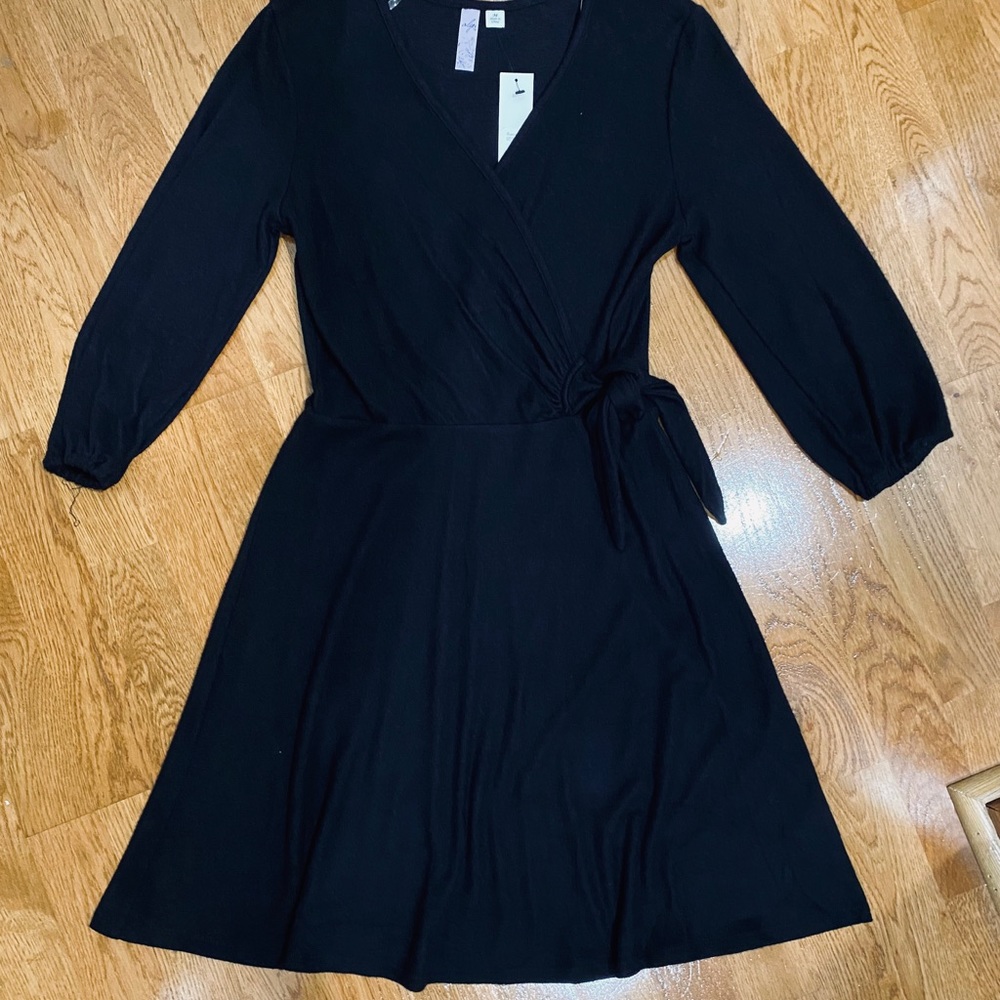 Black mock wrap sweater knit dress, NWT